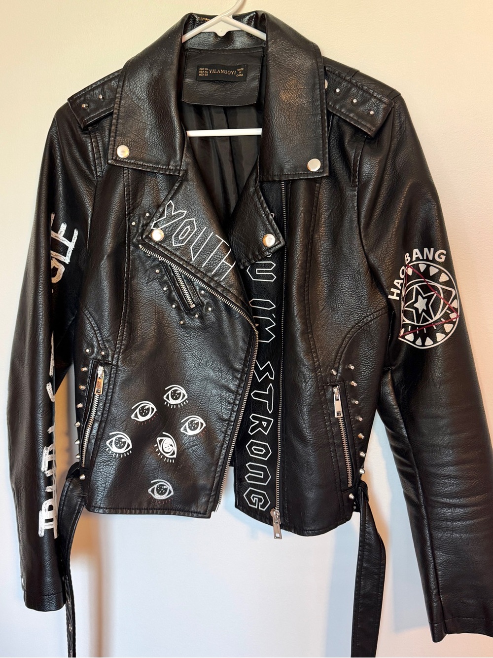 Edgy Graphic Faux Leather Moto Jacket w/ Belt & Studs | Size XL (Runs Small)